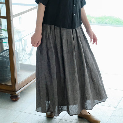 SALUÉ／リトアニアンリネンタックギャザースカート／メランジェダークブラウン