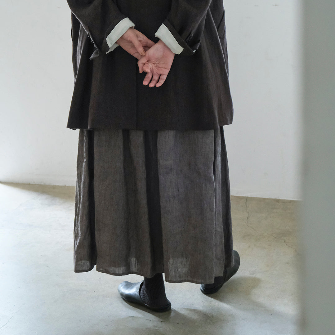 SALUÉ／リトアニアンリネンタックギャザースカート／メランジェダークブラウン