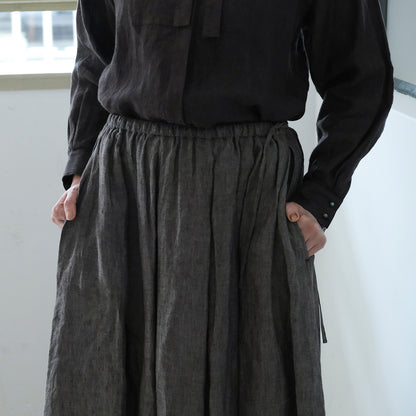 SALUÉ／リトアニアンリネンタックギャザースカート／メランジェダークブラウン