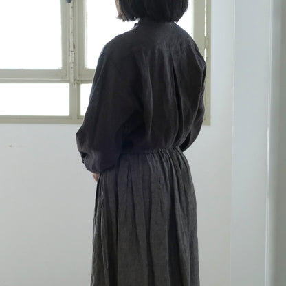 SALUÉ／リトアニアンリネンタックギャザースカート／メランジェダークブラウン