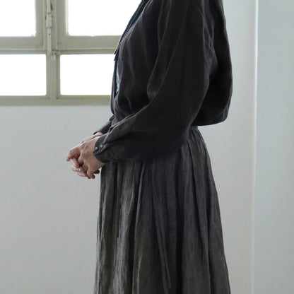 SALUÉ／リトアニアンリネンタックギャザースカート／メランジェダークブラウン