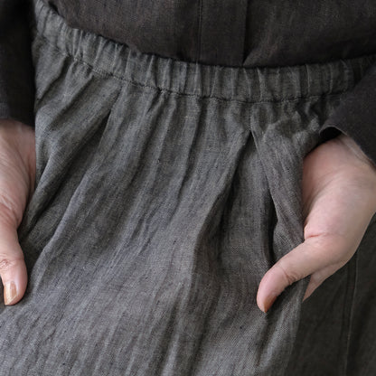 SALUÉ／リトアニアンリネンタックギャザースカート／メランジェダークブラウン