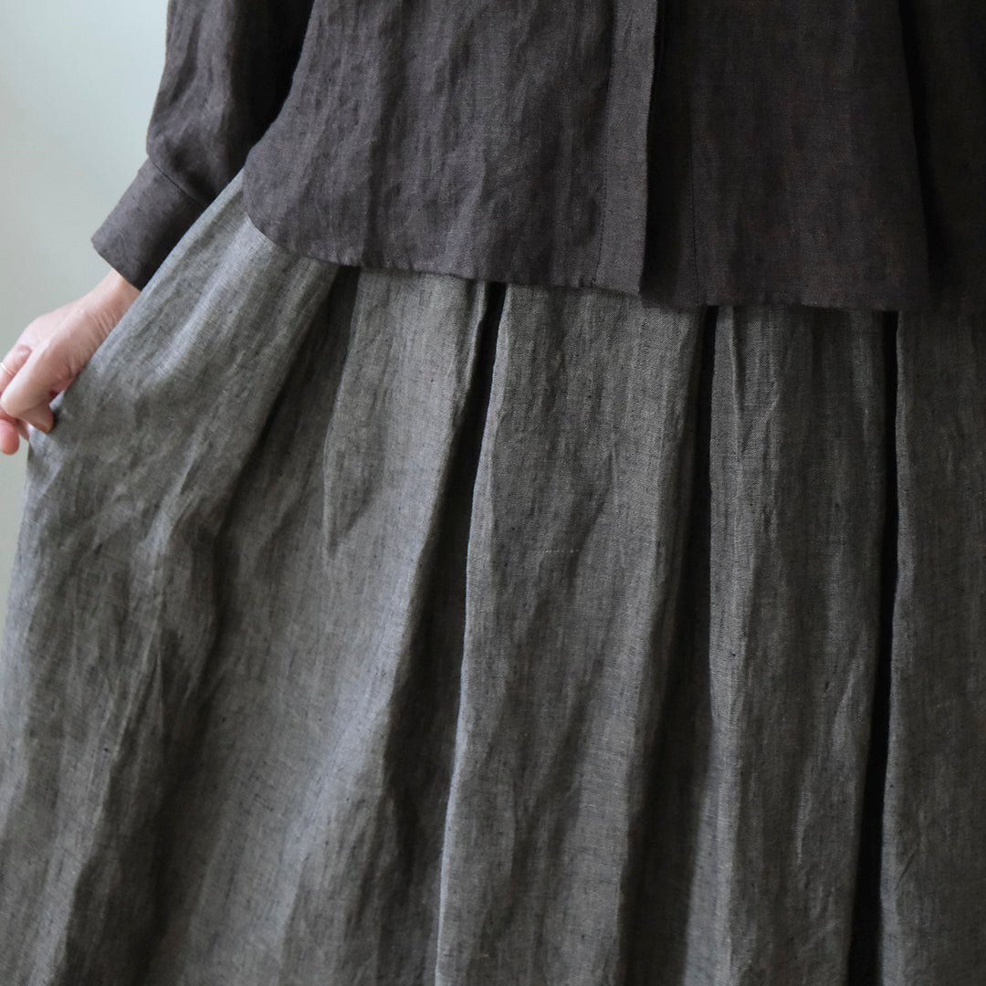 SALUÉ／リトアニアンリネンタックギャザースカート／メランジェダークブラウン