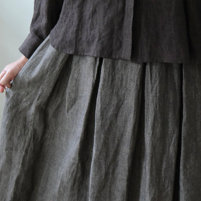 SALUÉ／リトアニアンリネンタックギャザースカート／メランジェダークブラウン