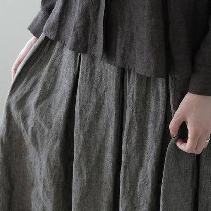 SALUÉ／リトアニアンリネンタックギャザースカート／メランジェダークブラウン