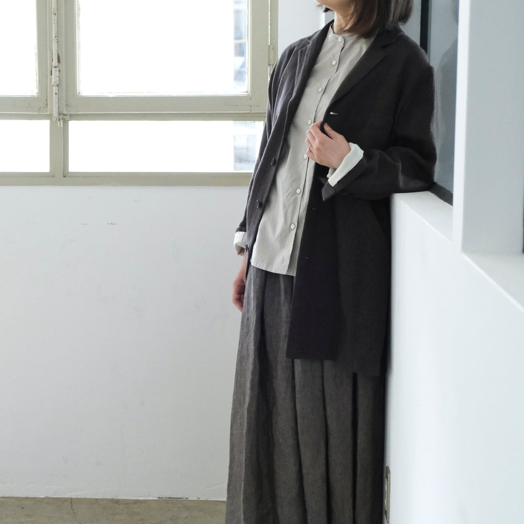 SALUÉ／リトアニアンリネンタックギャザースカート／メランジェダークブラウン