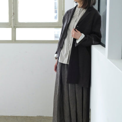 SALUÉ／リトアニアンリネンタックギャザースカート／メランジェダークブラウン