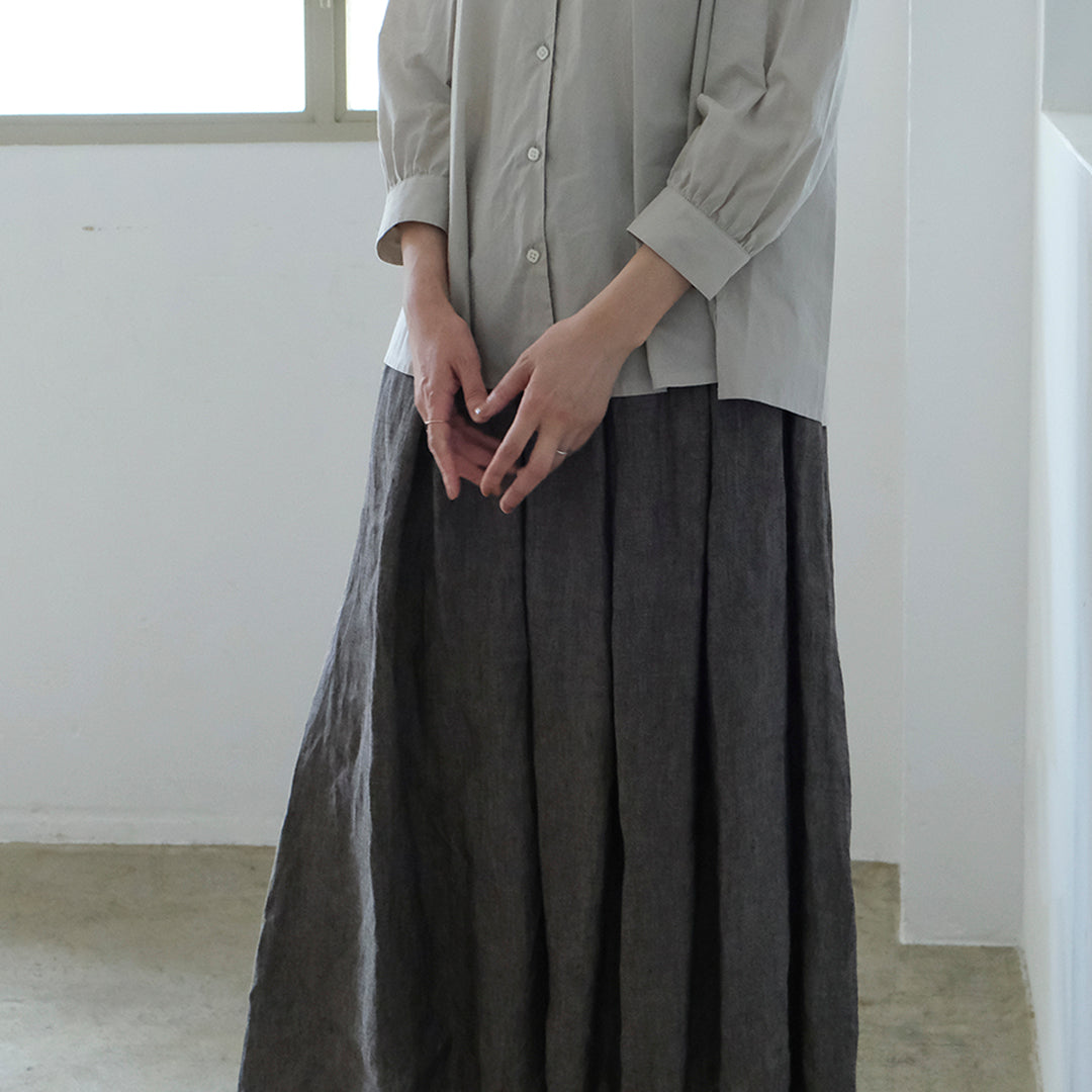 SALUÉ／リトアニアンリネンタックギャザースカート／メランジェダークブラウン