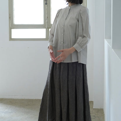 SALUÉ／リトアニアンリネンタックギャザースカート／メランジェダークブラウン