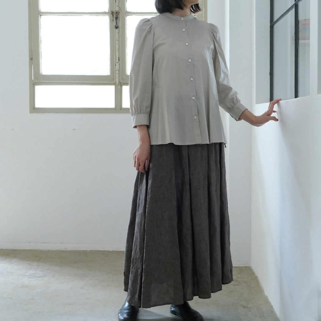 SALUÉ／リトアニアンリネンタックギャザースカート／メランジェダークブラウン