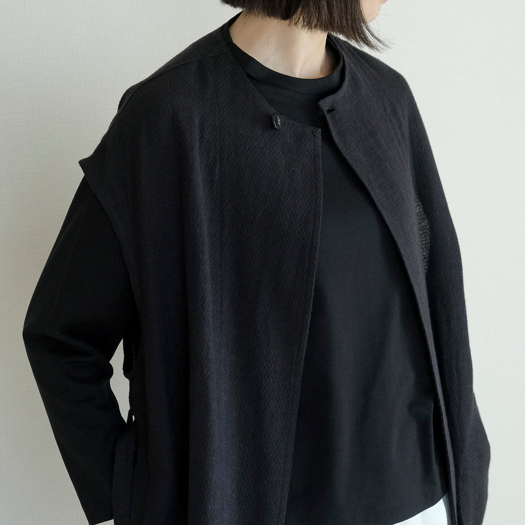 ［SALUÉ］ラウンドネックロングジレ／ウールリネンジャカードformal