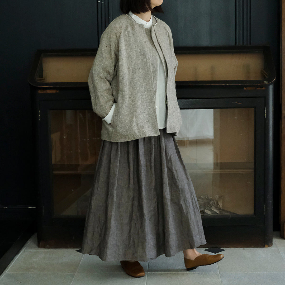 SALUÉ／リトアニアンリネンタックギャザースカート／メランジェダークブラウン