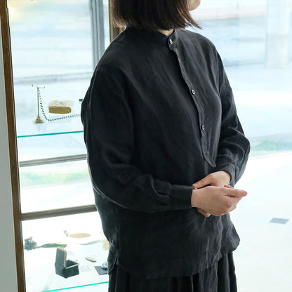 ［SALUÉ］バンドカラーハーフボタンシャツ／ライトウェイトリネン