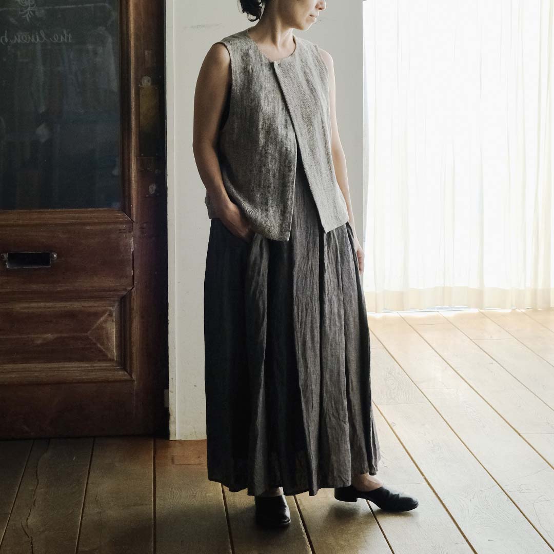 ［SALUÉ］ハイウエストジレ／ヘリンボーンリネン