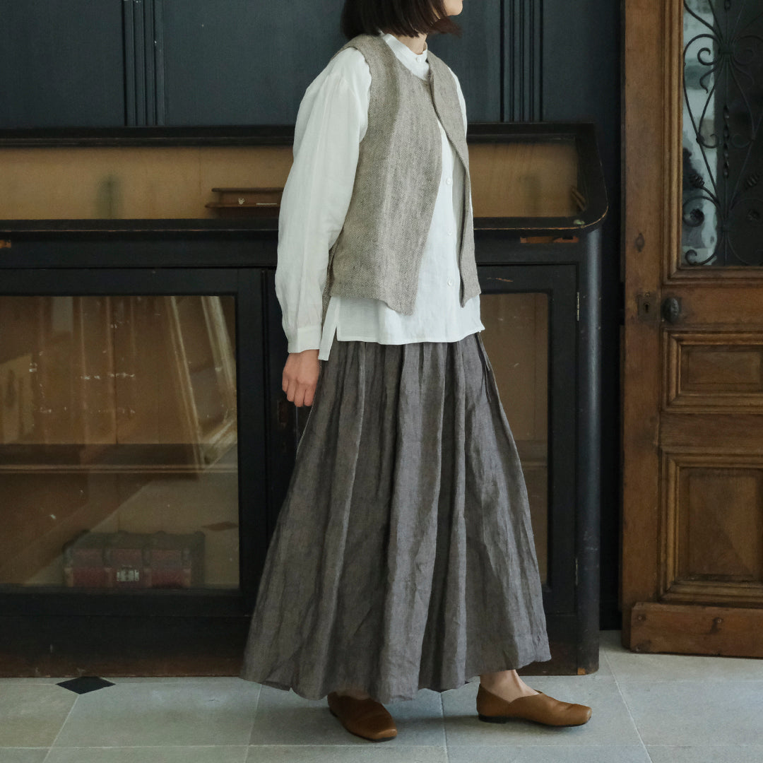 SALUÉ／リトアニアンリネンタックギャザースカート／メランジェダークブラウン