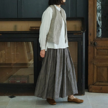 SALUÉ／リトアニアンリネンタックギャザースカート／メランジェダークブラウン