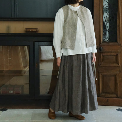 SALUÉ／リトアニアンリネンタックギャザースカート／メランジェダークブラウン