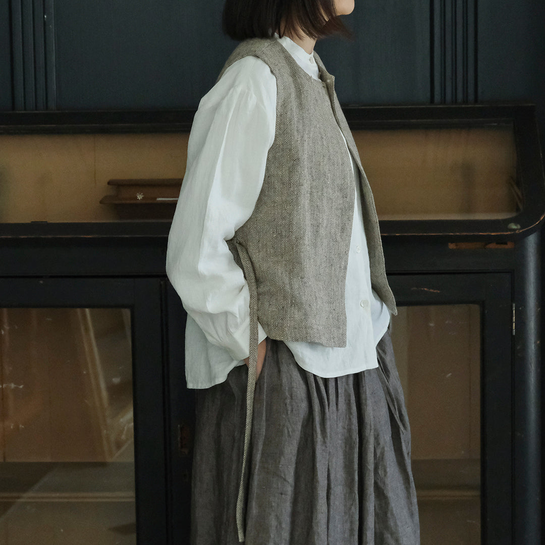 ［SALUÉ］ハイウエストジレ／ヘリンボーンリネン
