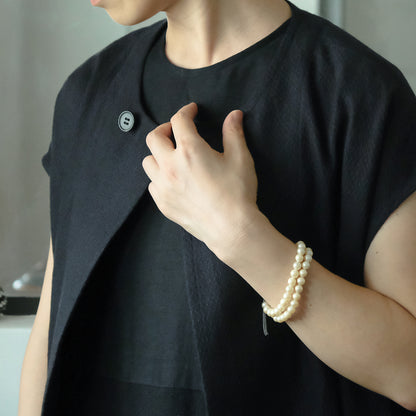 ［SALUÉ］ラウンドネックロングジレ／ウールリネンジャカードformal