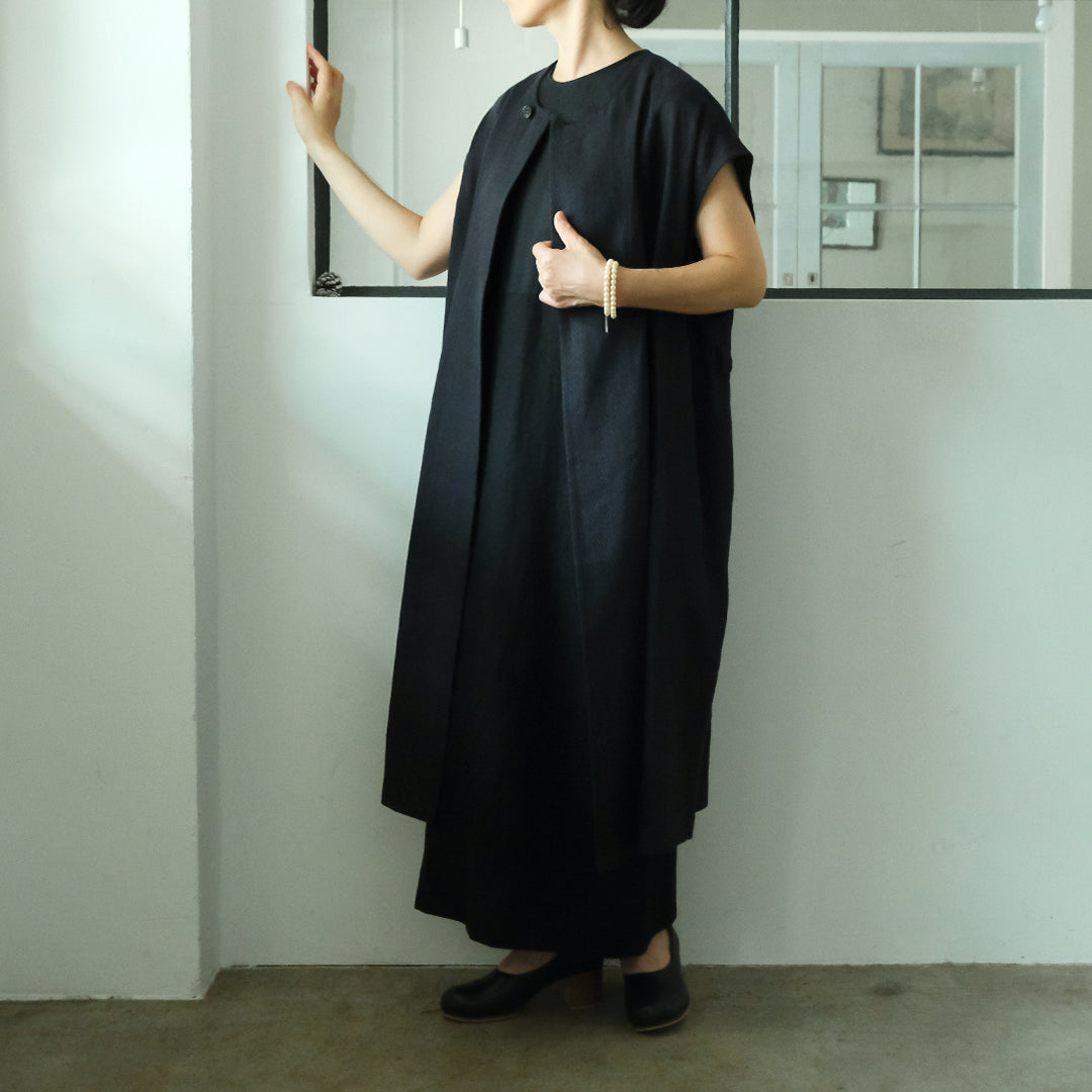 ［SALUÉ］ラウンドネックロングジレ／ウールリネンジャカードformal