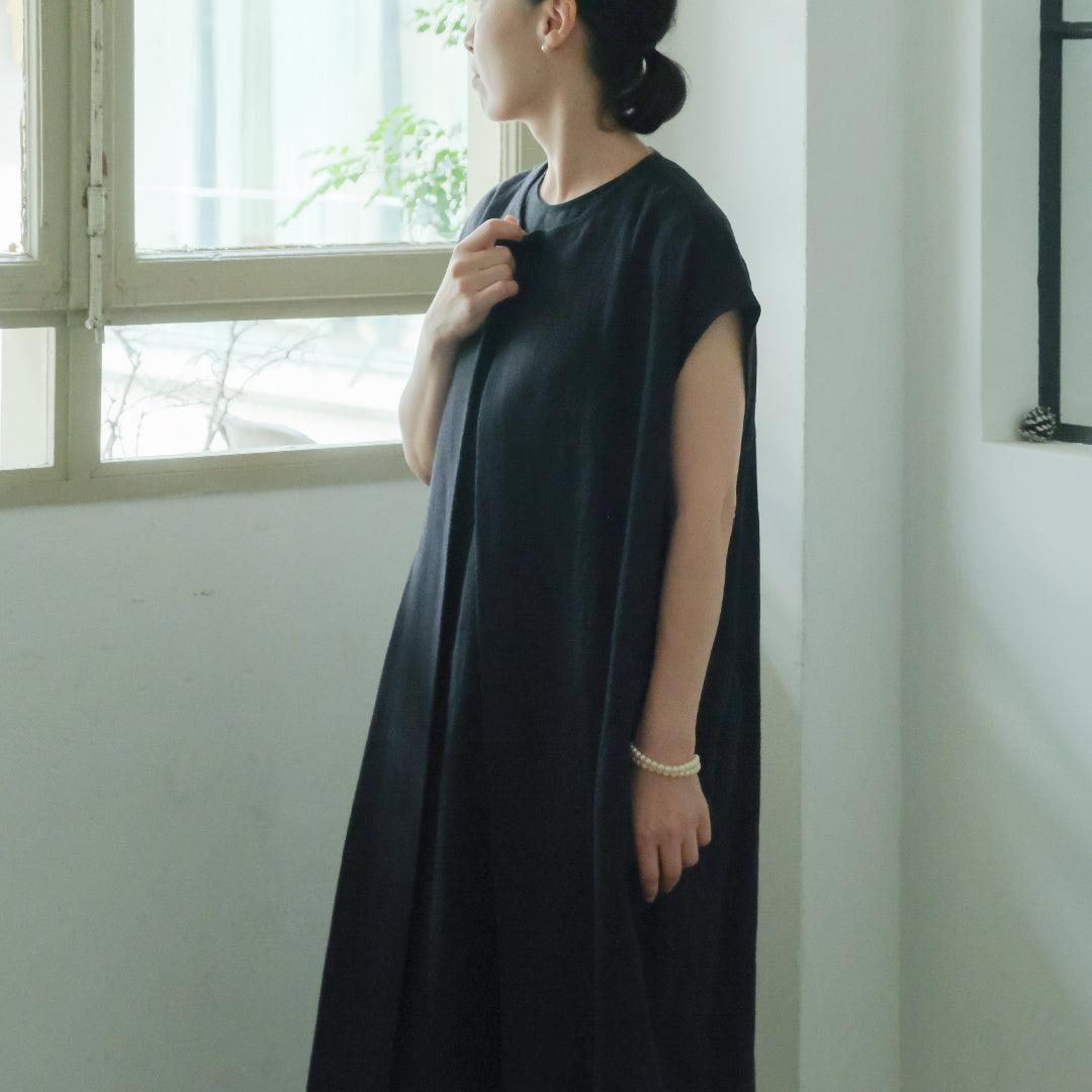 ［SALUÉ］ラウンドネックロングジレ／ウールリネンジャカードformal