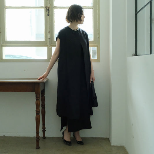 ［SALUÉ］ラウンドネックロングジレ／ウールリネンジャカードformal