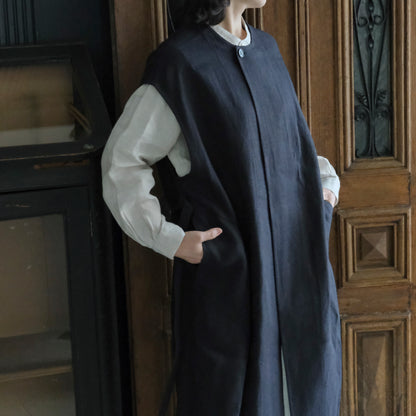 ［SALUÉ］ラウンドネックロングジレ／ウールリネンジャカードformal