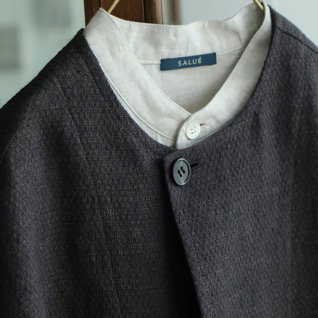 ［SALUÉ］ラウンドネックロングジレ／ウールリネンジャカードformal