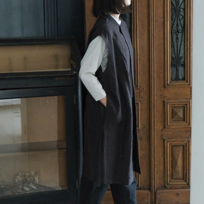 ［SALUÉ］ラウンドネックロングジレ／ウールリネンジャカードformal