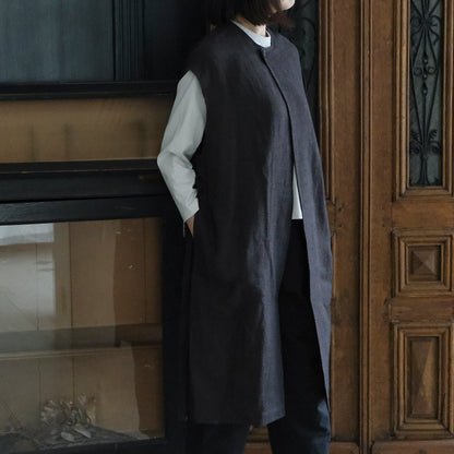 ［SALUÉ］ラウンドネックロングジレ／ウールリネンジャカードformal