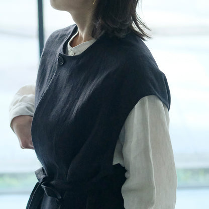 ［SALUÉ］ラウンドネックロングジレ／ウールリネンジャカードformal