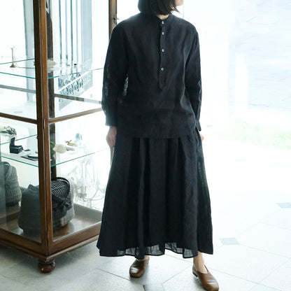 SALUÉ／リトアニアンリネンタックギャザースカート／ピュアブラック