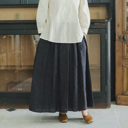 SALUÉ／リトアニアンリネンタックギャザースカート／ピュアブラック