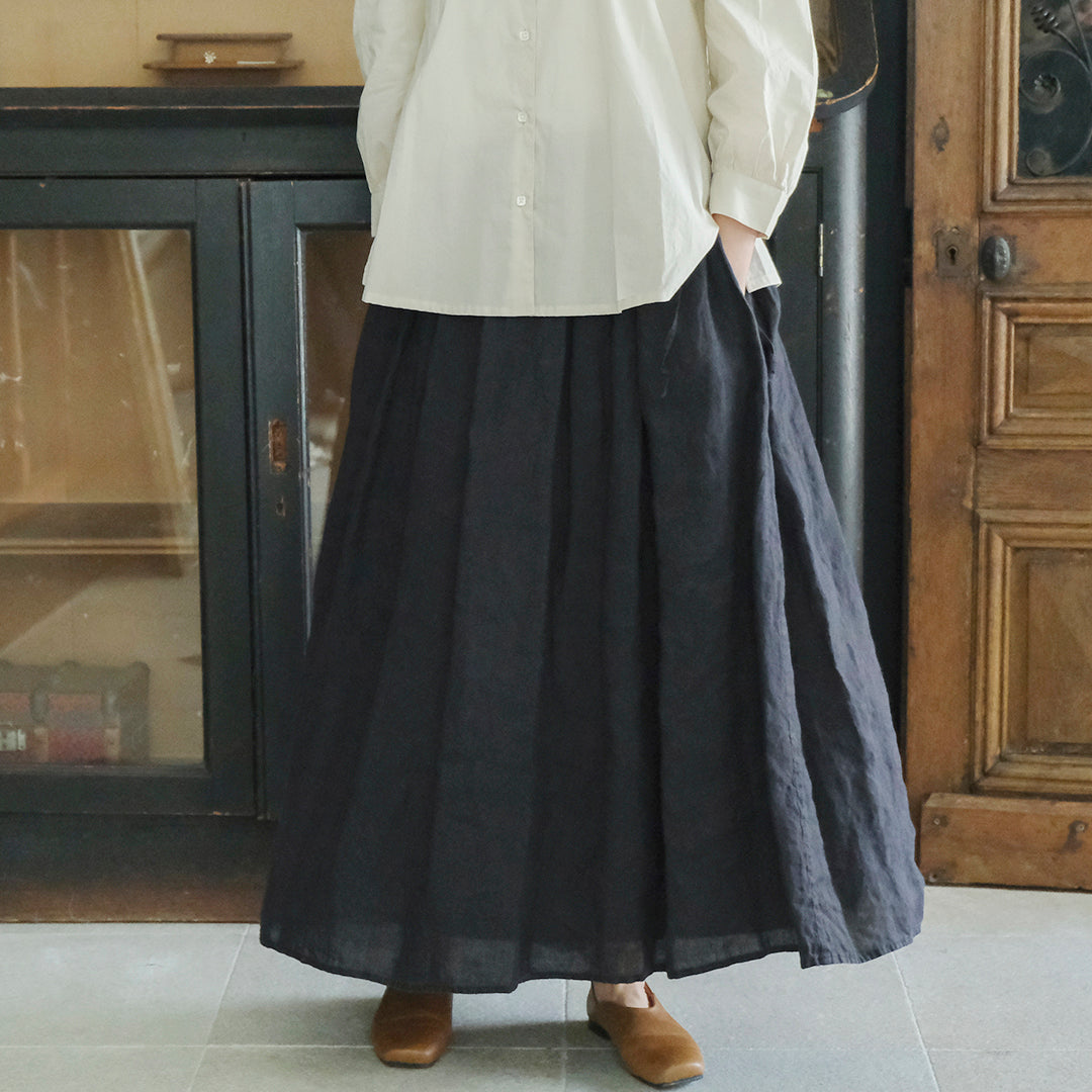 SALUÉ／リトアニアンリネンタックギャザースカート／ピュアブラック