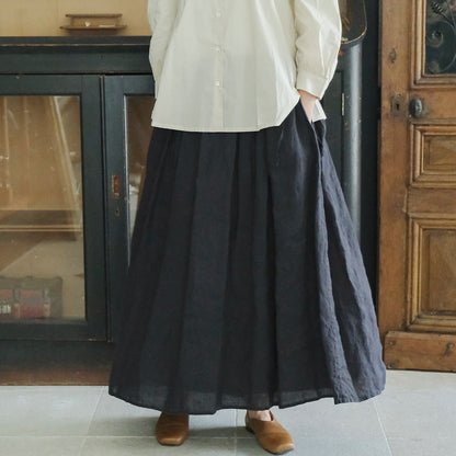 SALUÉ／リトアニアンリネンタックギャザースカート／ピュアブラック