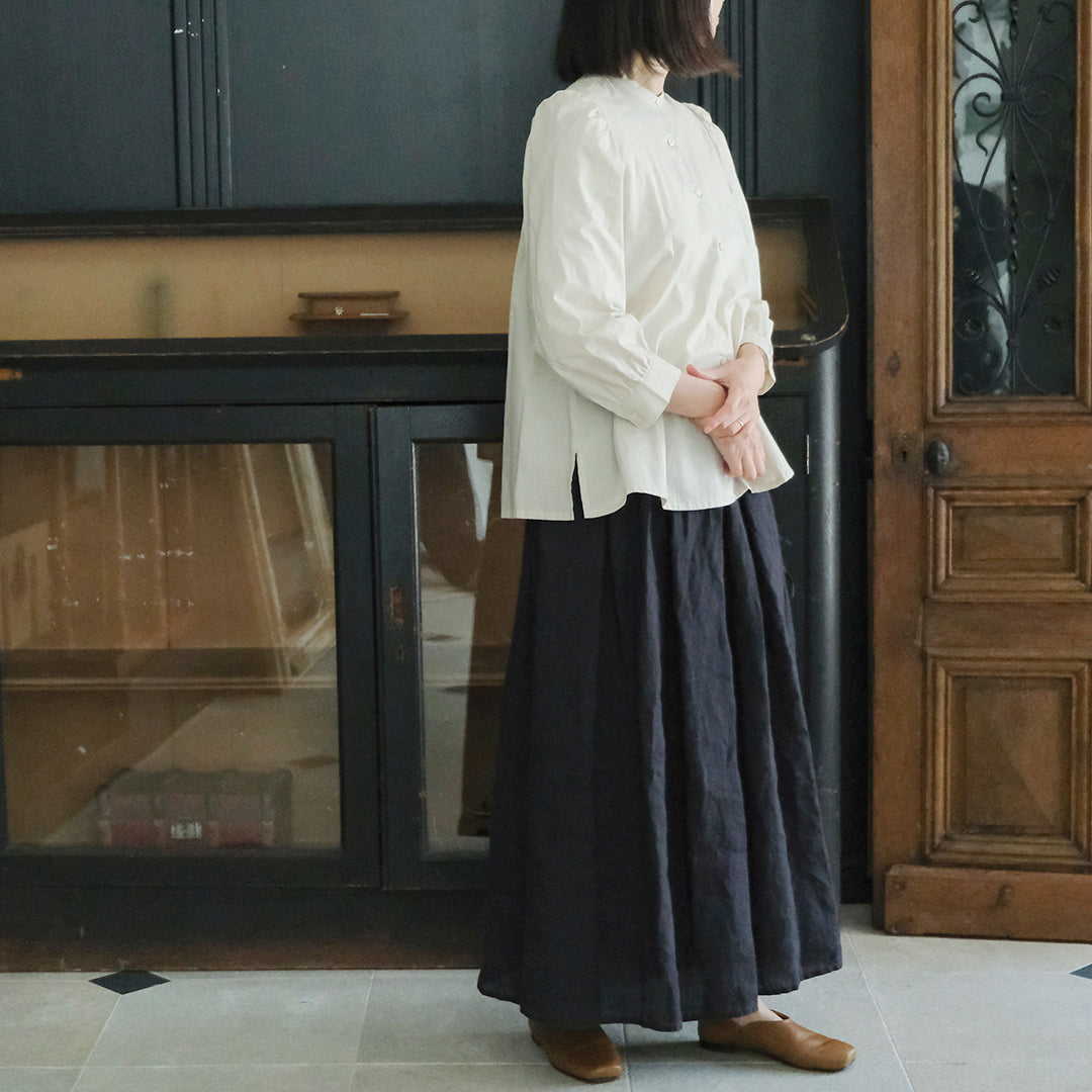 SALUÉ／リトアニアンリネンタックギャザースカート／ピュアブラック