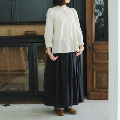 SALUÉ／リトアニアンリネンタックギャザースカート／ピュアブラック