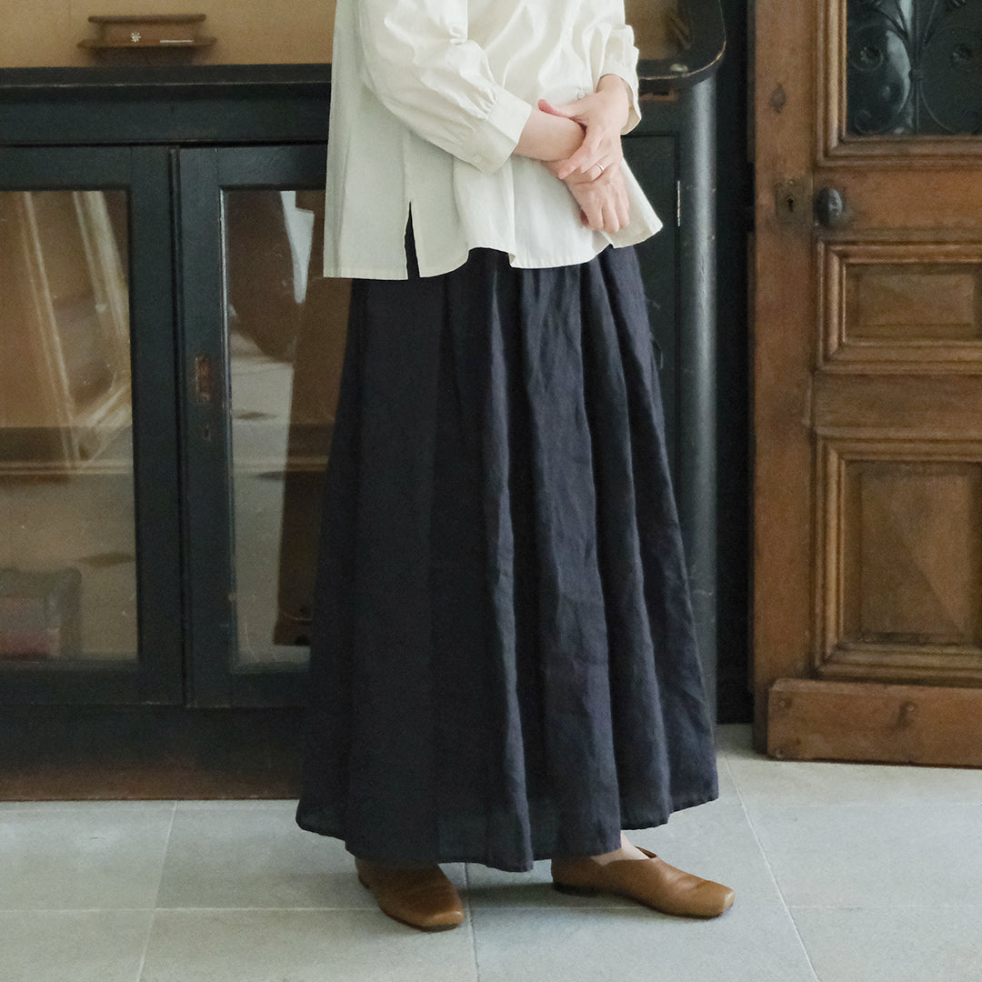 SALUÉ／リトアニアンリネンタックギャザースカート／ピュアブラック