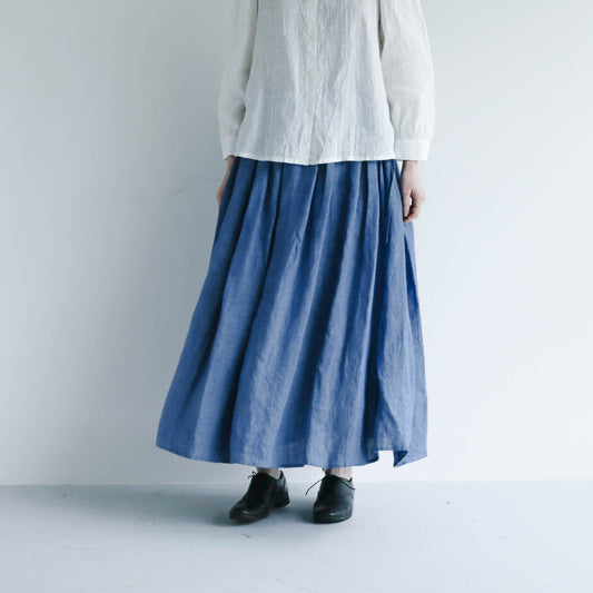SALUÉ／リトアニアンリネンタックギャザースカート／メランジェブルー