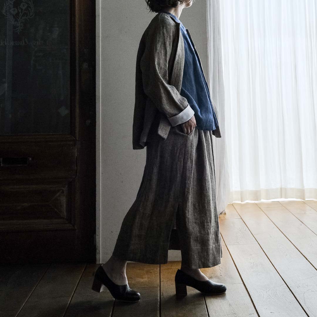 ［SALUÉ］ワンサイドスリットロングスカート／ヘリンボーンリネン