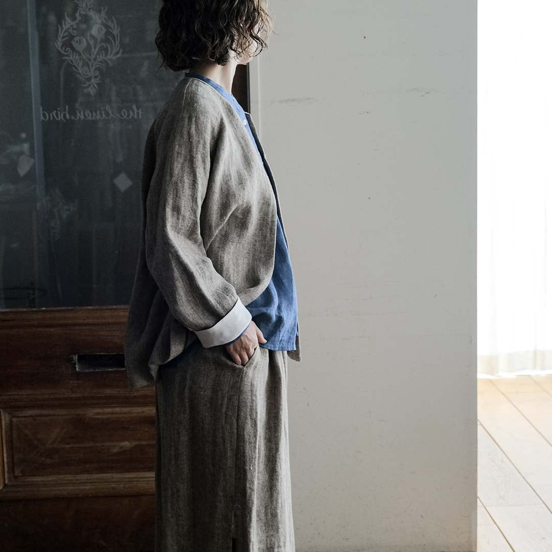 ［SALUÉ］ワンサイドスリットロングスカート／ヘリンボーンリネン