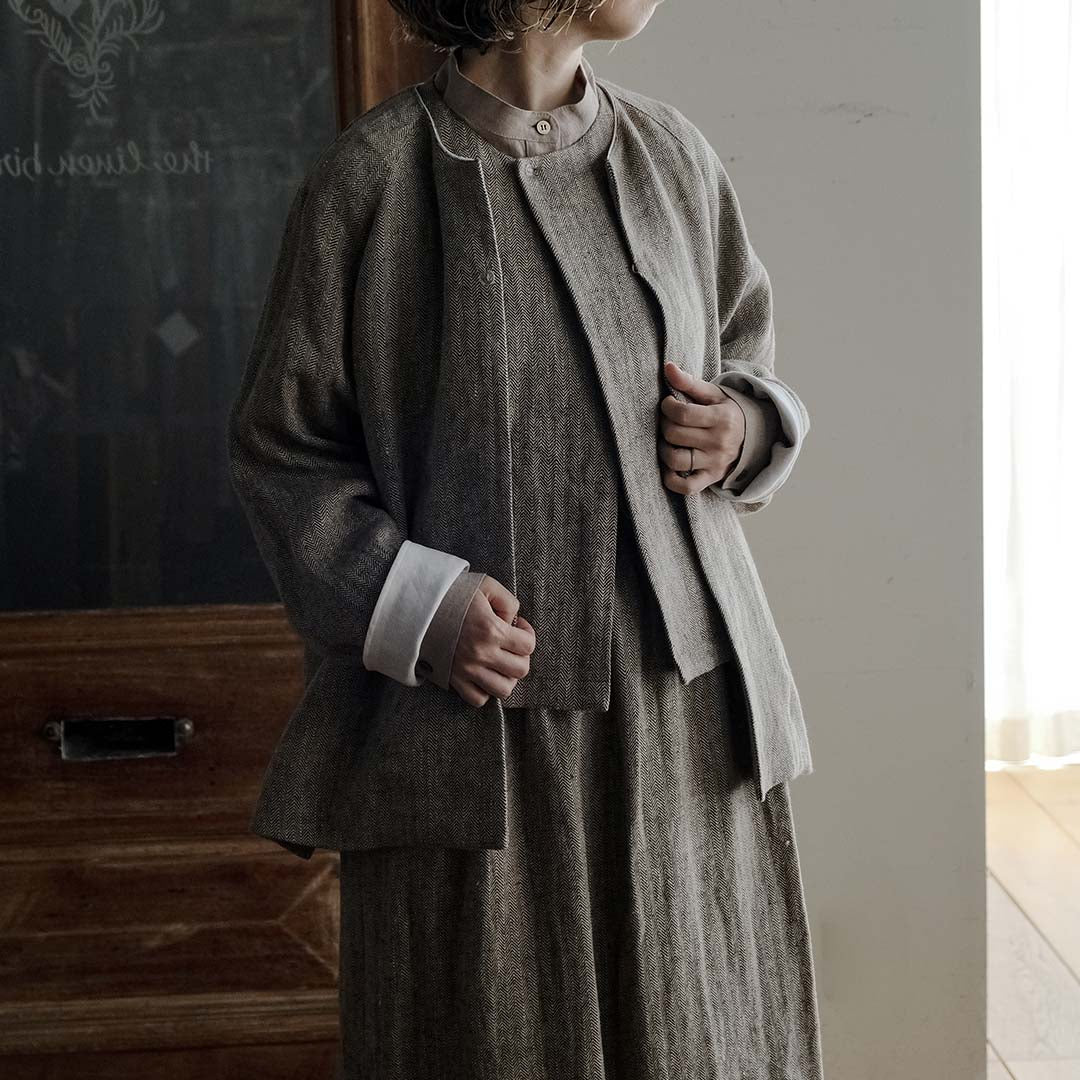 ［SALUÉ］ワンサイドスリットロングスカート／ヘリンボーンリネン