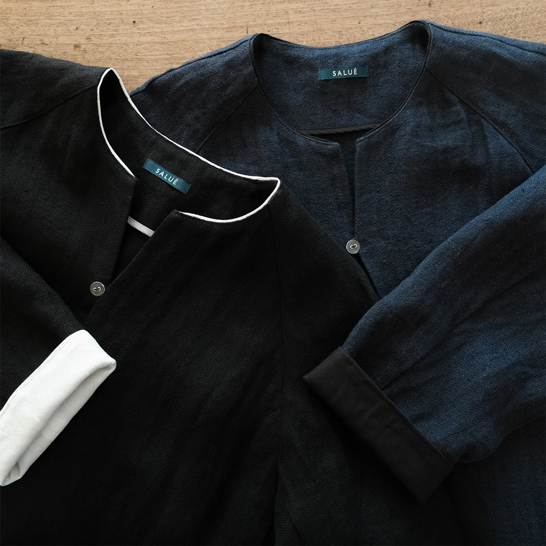 ［SALUÉ］ノーカラージャケット／ヘリンボーンリネンformal