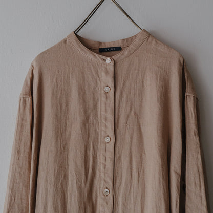 ［SALUÉ］バンドカラー長袖シャツドレス／ミッドウェイトリネン