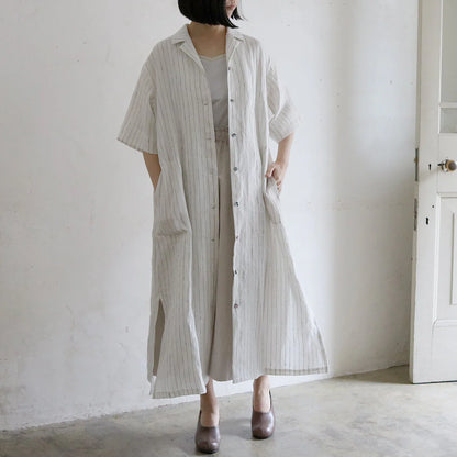 ［SALUÉ］ハーフスリーブオープンカラーシャツドレス／ミッドウェイトリネン