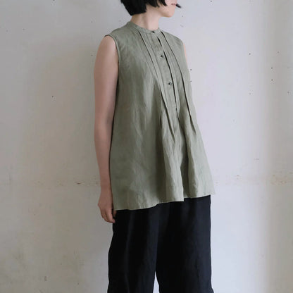 ［SALUÉ］リネンピンタックノースリーブブラウス／ライトウェイトリネン