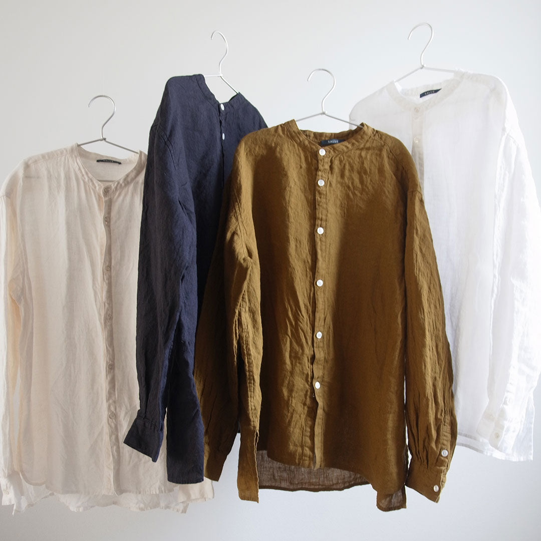 SALUÉ／ユニセックスバンドカラーシャツ／ライトウェイトリネン