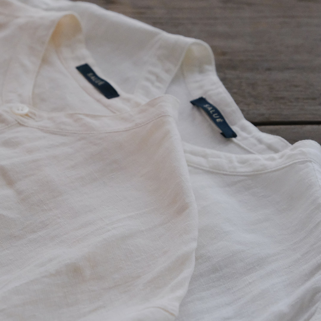 SALUÉ／ユニセックスバンドカラーシャツ／ライトウェイトリネン