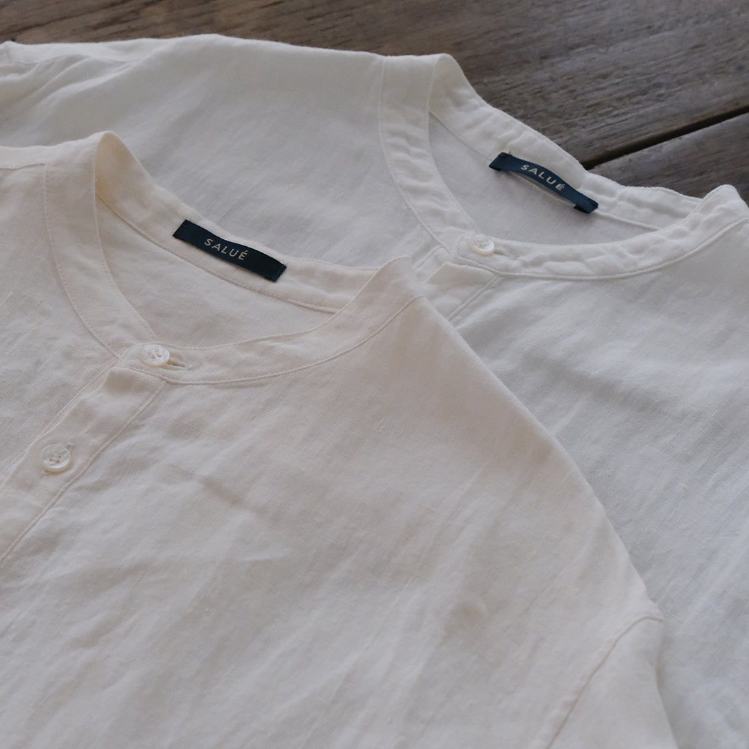 SALUÉ／ユニセックスバンドカラーシャツ／ライトウェイトリネン