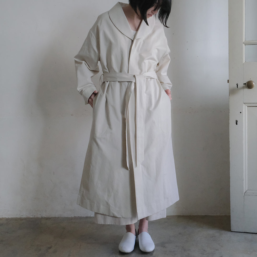［SALUÉ］ショールカラースリットコート／コットンリネンカルゼ